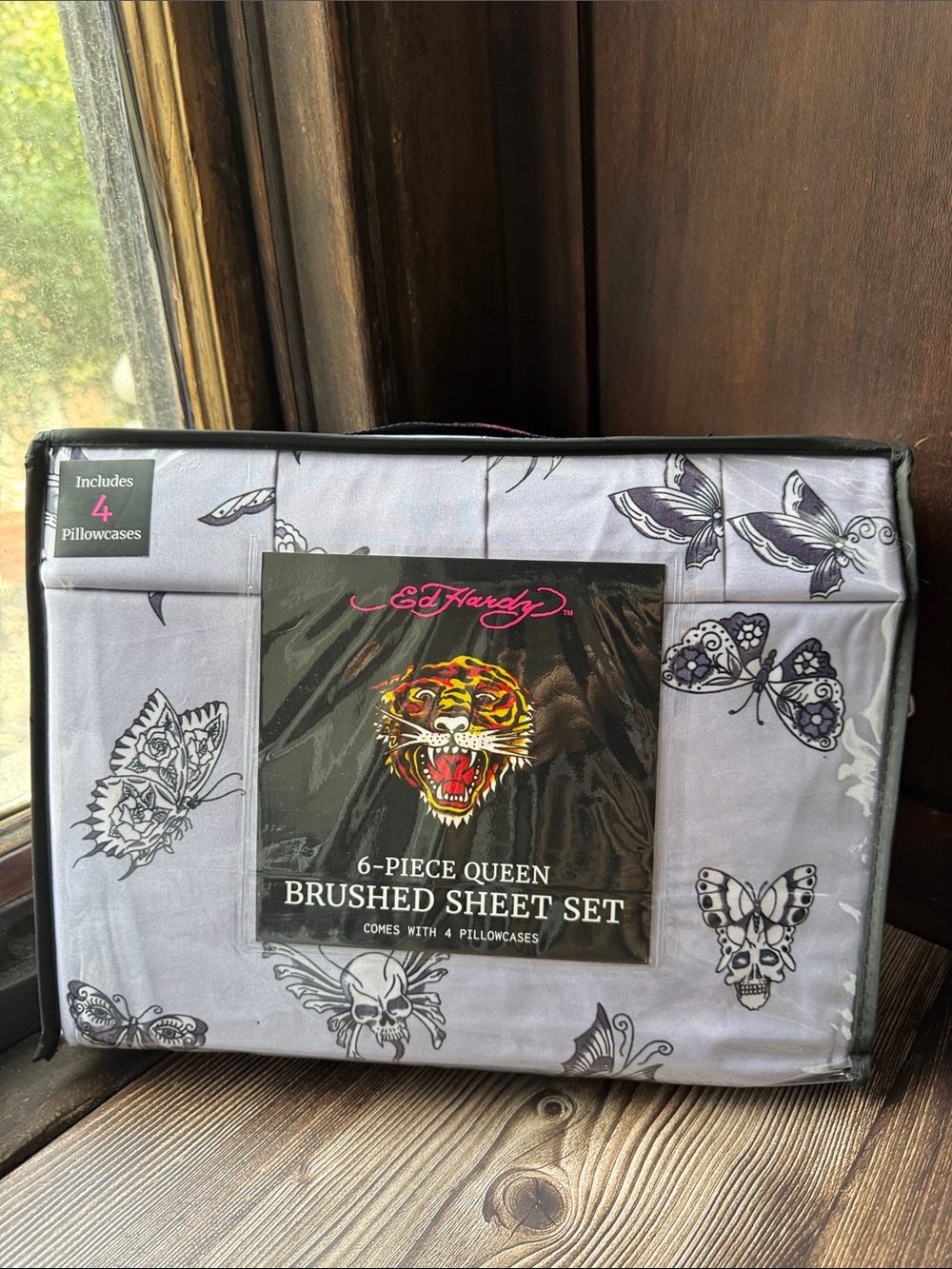 Ed Hardy Queen Brushed Sheet Set in Light Gray with Butterfly Print